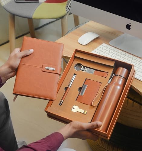 Unisex-Adult 6 In 1 Corporate Gift Set Which Includes Diary, Keychain, Card Holder, Metal Pen & Water Bottle. Gift Set For Employee Of The Month, Combo Gift Set For Employee (Brown)