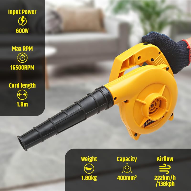 TOMAHAWK® T 970 Cord Yellow Air Blower with Dust Bag (1.8m) (600W), 16500 RPM Variable Speed Powerful Handheld Blower, Lawn Care, Snow Blowing, Dust Cleaning