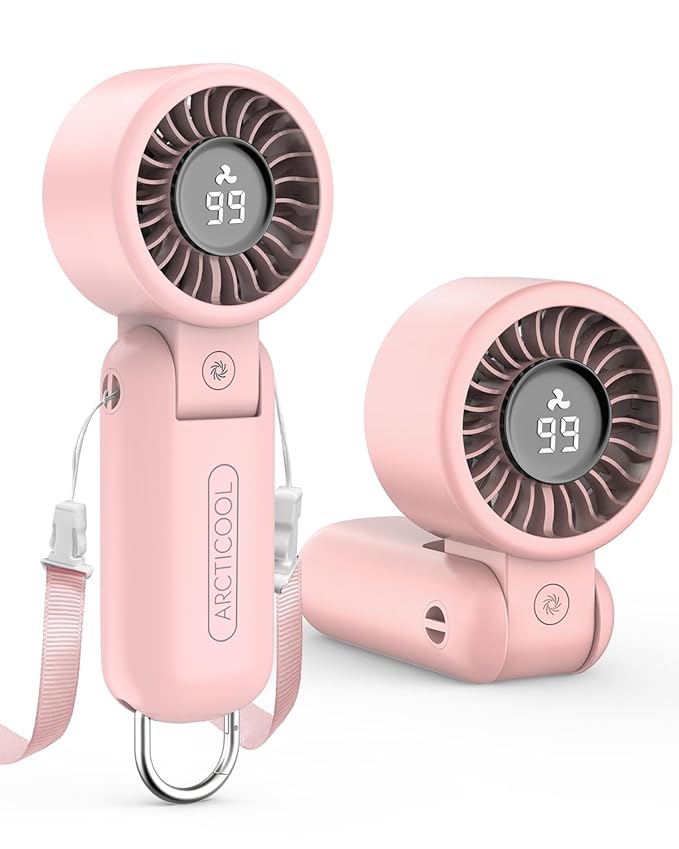 ARCTICOOL Portable Fan Mini USB Rechargeable 5-Speed Mini Fan with Digital Display, 2000mAh Battery, Hanging Neck Fan | Foldable Desktop/Handheld Design with Hook for Makeup, Outdoor, Travel