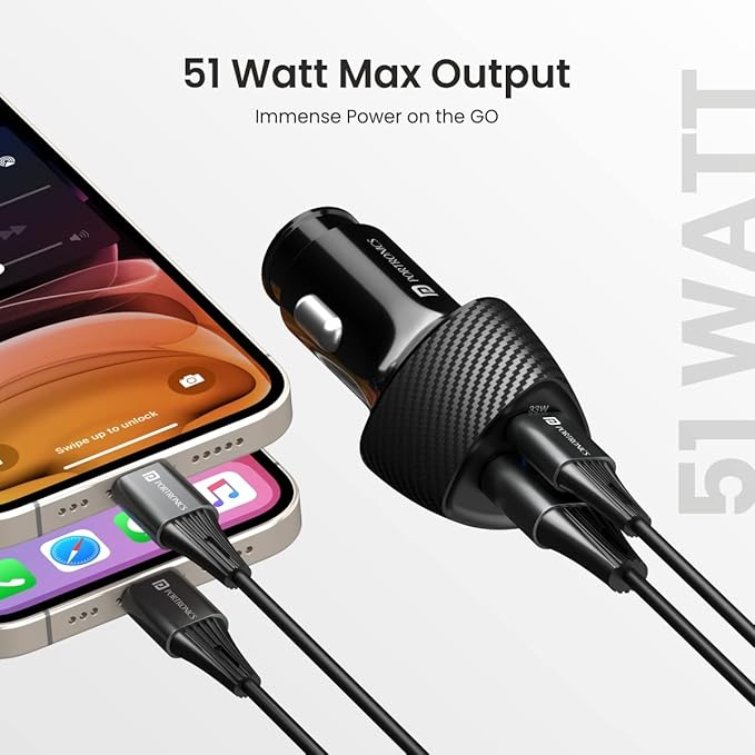 51W Car Power 16 Fast Car Charger with Dual Output, 51 Watts Total (18W USB + 33W Type C PD), Fast Charging, Adapter for iPhone & Android Smartphones and Tablets (Black)