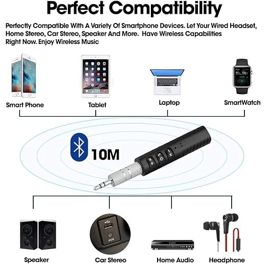 Bluetooth 5.0 Receiver for Car, Noise Cancelling Bluetooth AUX Adapter, Bluetooth Music Receiver for Home Stereo/Wired Headphones/Hands-Free Call, 16H Battery Life