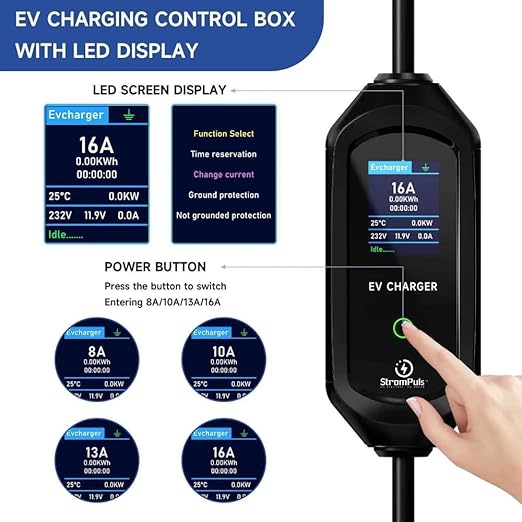 Charger 3.6kW Portable EV Charger, Smart APP, Adjustable Amps, 5m TPU Cable, 16A 1 Phase, 3" Large Screen, Bag, Wallholder, Surge & Pen Protection, Earthing Off Option. 5 Years Warranty*