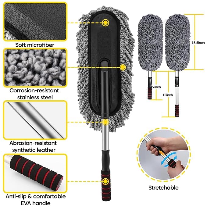 Car Cleaning 6 in 1 Kit Microfiber Duster with Long Handle Cleaning Brush Exteriror and Interiror Cleaner Cloth Ac Vent Cleaner Brush for Car, Motorbike, SUVs with Glass Cleaner Tablets