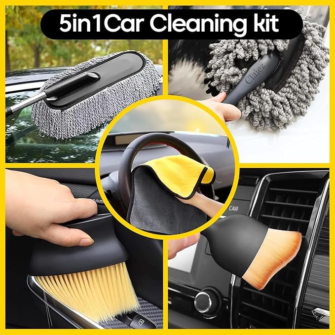 Car Cleaning 6 in 1 Kit Microfiber Duster with Long Handle Cleaning Brush Exteriror and Interiror Cleaner Cloth Ac Vent Cleaner Brush for Car, Motorbike, SUVs with Glass Cleaner Tablets