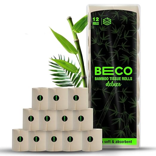 Beco Toilet Tissue Rolls | 3-ply, 1920 Pulls (160 x 12 Rolls) | Tissue Paper Roll, Toilet Paper Roll - Eco Friendly, Soft & Highly Absorbent, 100% Natural Bamboo, Chemical-Free, Hypoallergenic