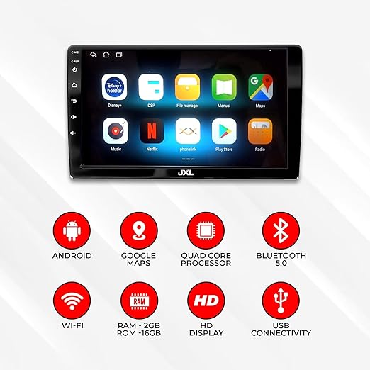 9-Inch Android Car Stereo Double Din Player (TS7), 2GB RAM, 32GB, Capacitive Touchscreen, 1280P HD, AHD/JDPS Advanced Technology, Quad-Core, Bluetooth 5.0, Wi-Fi, GPS Navigation, USB, Android 13.0