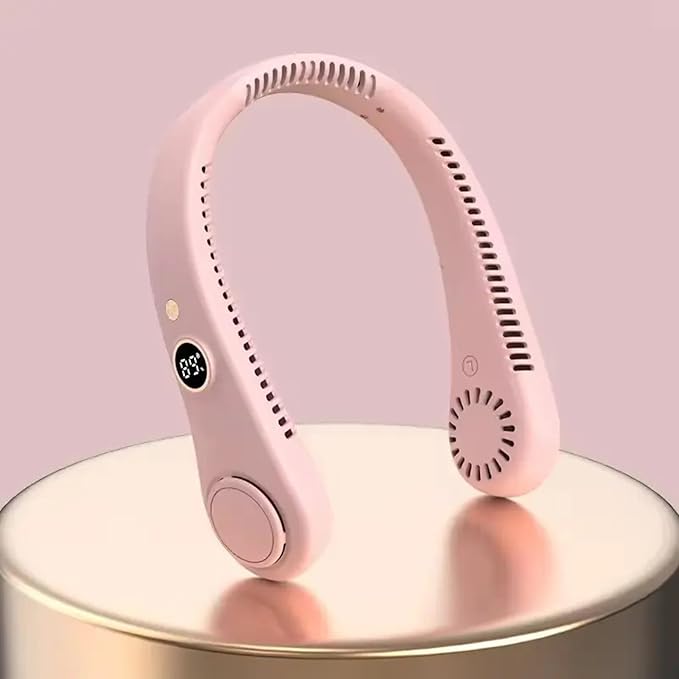 Blushinsta Portable Neck Fan – Hands-free, 5-speed personal fan with 360° airflow, 1500mAh battery, LED display, USB rechargeable. Ideal for travel, gym, home, and outdoor use