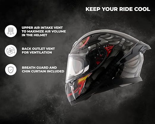 Helmet Venomous ISI ECE DOT Certified Full Face Dual Visor Helmet for Men and Women with Pinlock Fitted Outer Clear Visor and Inner Smoke Sun Visor Black Grey