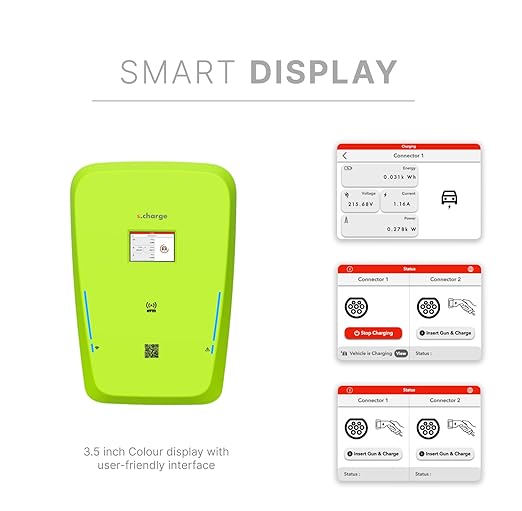SCharge AC Type 2 EV Charger |7.4 kW | Colour LCD Touch Screen Display | Single Gun | Simple Plug-n-Play Installation | Wall-Mounted | 100% Designed & Made in India | (A1.701.D)
