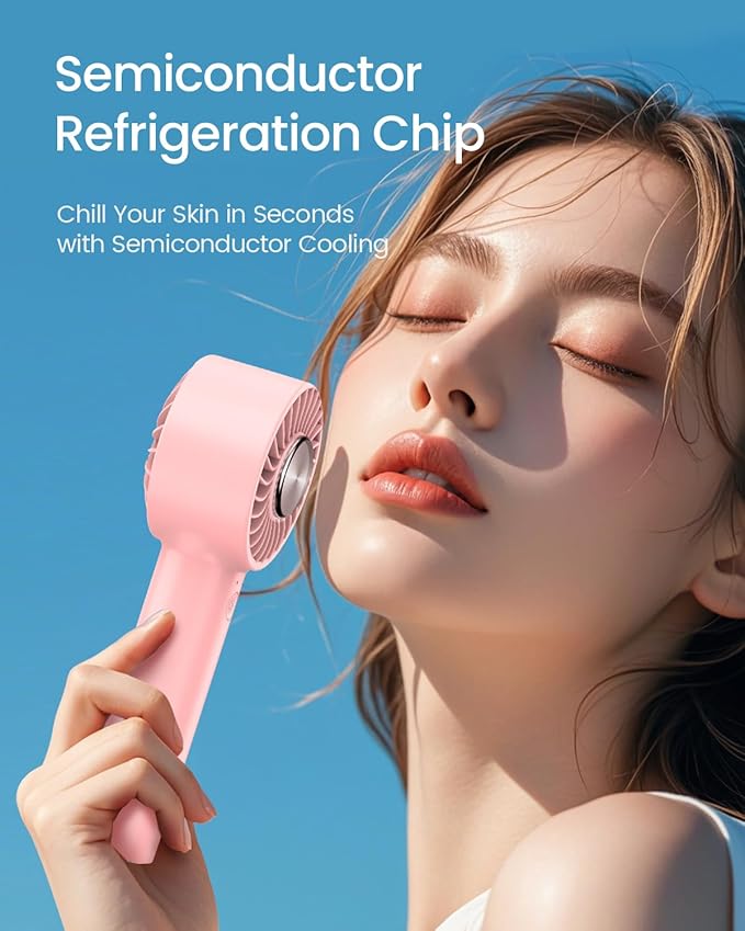 Ice-Cool Portable Mini Fan with Semiconductor Cooling Tech - 7500RPM Rechargeable Handheld Fan with Buckle, 2000mAh Battery, Pocket-Sized Cooling for Makeup, Travel, and Outdoor Use (Pink)
