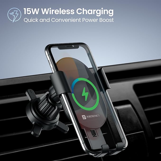 Charge Clamp 4 Wireless Car Charger with 15 Watts Fast Charging, AC Vent Mount, 360° Rotation, Strong Grip, Free Type-C Cable, Qi Charger for iPhone & Android Smartphones(Black)