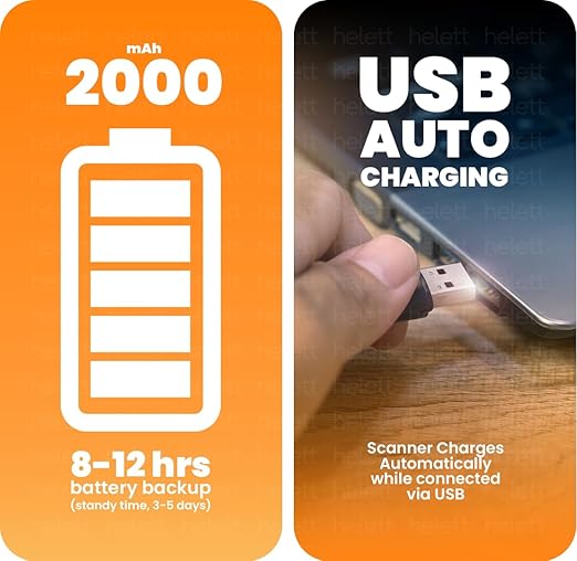 Helett® HT20 Wireless 2.4GHz 2D & 1D Barcode Scanner (QR Code & Barcode) Wired & Wireless(Rechargeable) Connectivity | Induction Scanning with Built-in Illumination Light |Strong ABS(