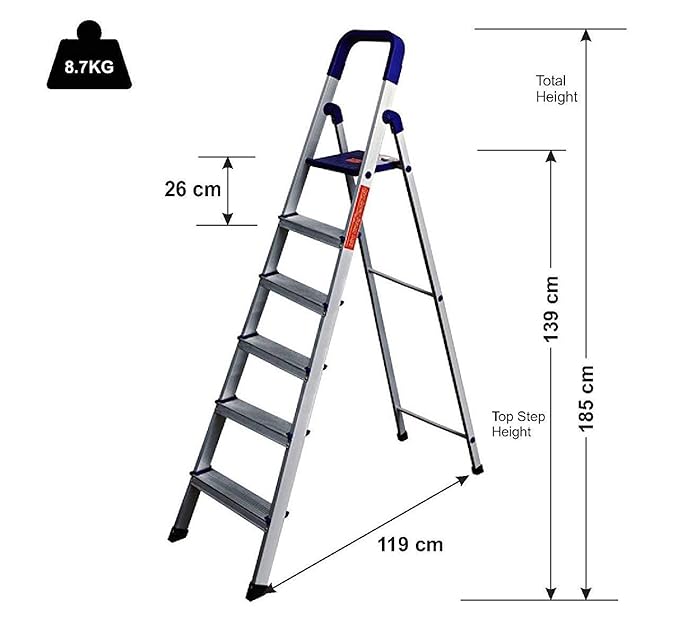 Parasnath Maple 6 Step Light Weight Aluminium Step Ladder 6.2 Ft Heavy Duty Folding Ladder