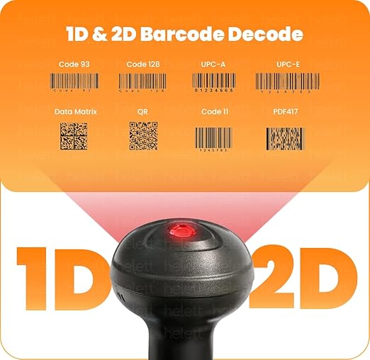 Helett® HT20 Wireless 2.4GHz 2D & 1D Barcode Scanner (QR Code & Barcode) Wired & Wireless(Rechargeable) Connectivity | Induction Scanning with Built-in Illumination Light |Strong ABS(