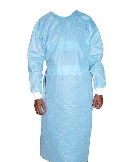 CUFF- SHIELD Non Woven Polypropylene Disposable Surgical Isolation Gown (Pack of 5 pcs, Color-Blue, Length-48inch, Knitted Cuff, Size-Regular fits all) - 40 GSM Spun-Bond Breathable Fabric
