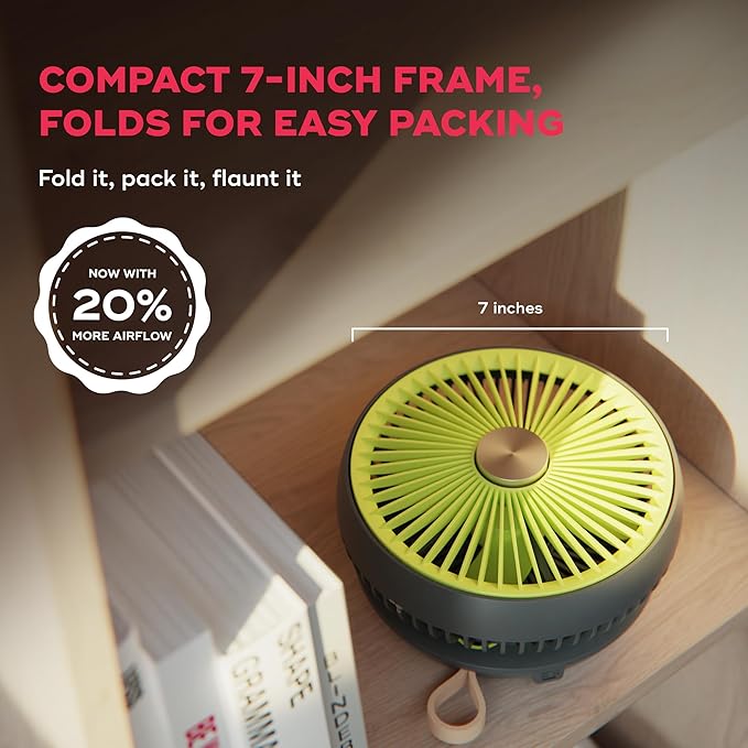 NUUK FOLDE v2 Personal Rechargeable Fan | Cordless, 7-Inch | Folds 180° & Fits in any Bag |16 Hr Run Time, 4 Wind Speeds | Super Silent BLDC Motor | For Hiking, Picnics, Travel, Beach, Camping, Prams