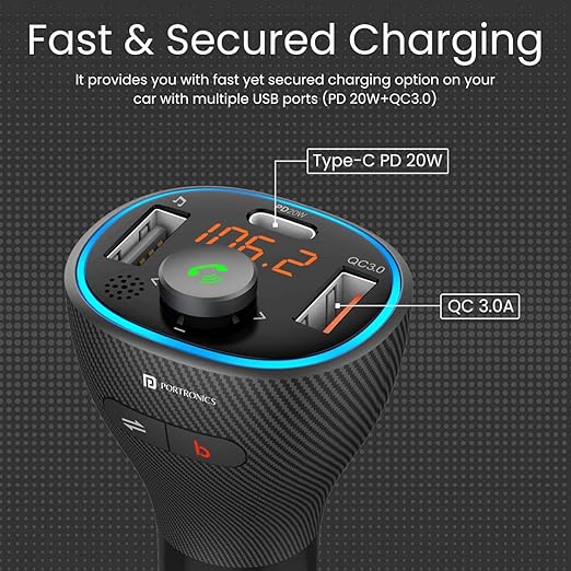 Auto 15 Bluetooth - FM Transmitter in-Car Radio Adapter for Hands-Free Calling, Music Streaming, USB Reading, 20W/38 W Max Output, Fast Charger, Supports All Smartphones (Black)