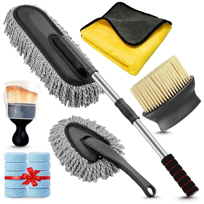 Car Cleaning 6 in 1 Kit Microfiber Duster with Long Handle Cleaning Brush Exteriror and Interiror Cleaner Cloth Ac Vent Cleaner Brush for Car, Motorbike, SUVs with Glass Cleaner Tablets