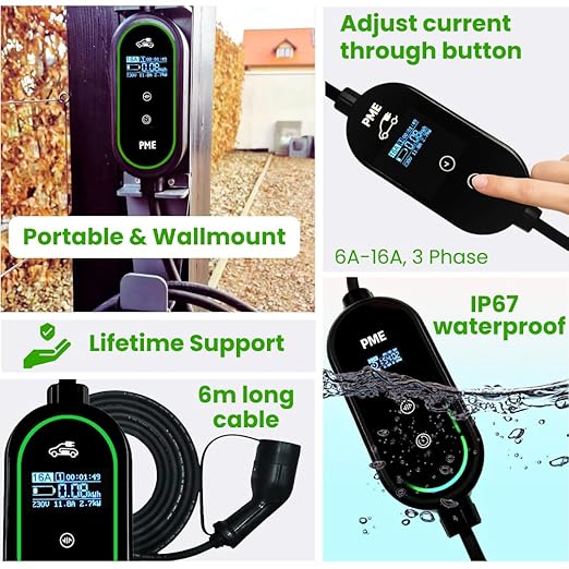 E 11kW Portable EV Charger – 16A Smart Charging | IP67 Waterproof | Long 6m Cable | Adjustable Current | RCD Safety | 5-Year Warranty | for Mahinfra BE 6E,XEV 9E,Kia EV6,Audi Etron,BMW i7 & More