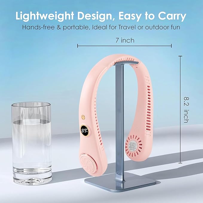 Blushinsta Portable Neck Fan – Hands-free, 5-speed personal fan with 360° airflow, 1500mAh battery, LED display, USB rechargeable. Ideal for travel, gym, home, and outdoor use