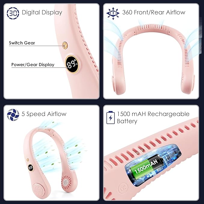 Blushinsta Portable Neck Fan – Hands-free, 5-speed personal fan with 360° airflow, 1500mAh battery, LED display, USB rechargeable. Ideal for travel, gym, home, and outdoor use