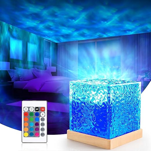 3D Ocean Wave Effect Night Light for Bedroom, 16 Colors Gradual Rotating LED Projection Night Lamp Projector for Bedroom Light Decor,