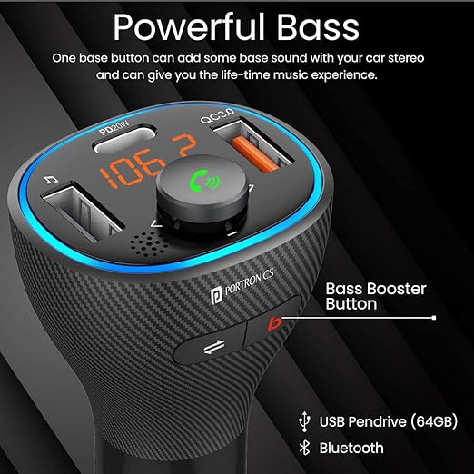 Auto 15 Bluetooth - FM Transmitter in-Car Radio Adapter for Hands-Free Calling, Music Streaming, USB Reading, 20W/38 W Max Output, Fast Charger, Supports All Smartphones (Black)