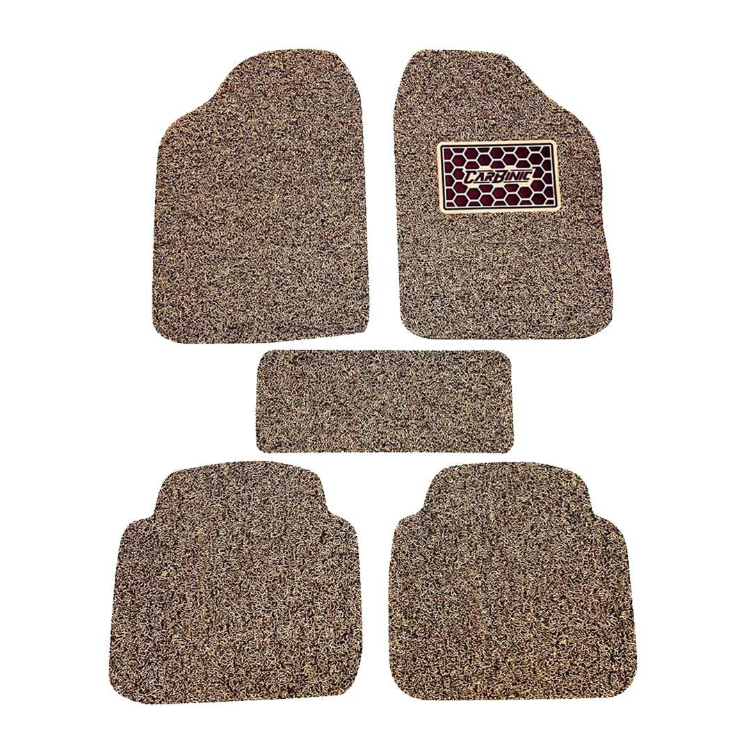 CARBINIC Anti-Skid Mats - Universal Fit for All Cars - Curly/Noodle Floor Mat, All Weather PVC, Premium Vinyl Rubber - Set of 5 - Beige Brown