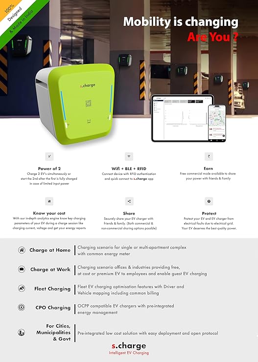 SCharge Smart EV Charger Socket 3.7 kW AC (Model - S1) for Electric Vehicles,Simultaneous Charging of 2 E Vehicles,Simple Plug-n-Charge Installation,Safe Secure Seamless EV Charging