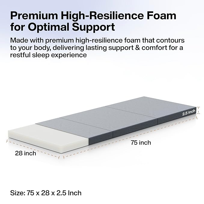 FOVERA Foldable Mattress Single Bed, Premium High Resilience Foam Folding Mattress for Floor Sleeping, Guest & Travel Bed | 3-Fold, Portable, Compact, Easy to Store