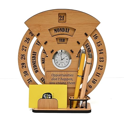GKD Calendar of lifetime, calendar desk organizer round table calendar and pen stand with clock wooden premium antique look for office decor,corporate gifts (Bamboo Eco friendly)