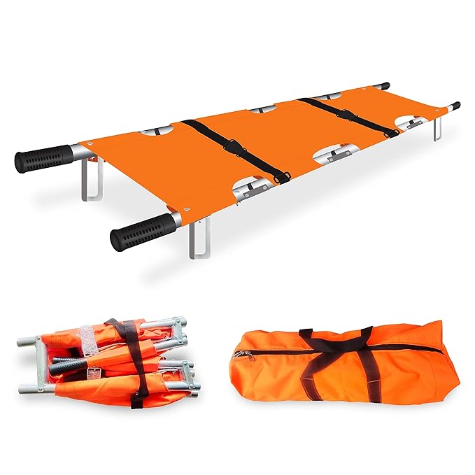 Foldable Stretcher For Patient Shifting, Portable Stretcher For Emergency Hospital Use, Stretcher For Patient With Safety Belt, Stretcher For Ambulance (Aluminium, Four Fold) - Orange