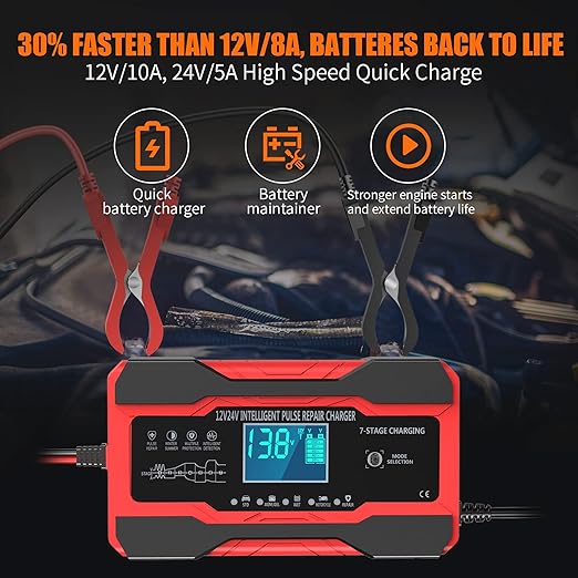 Battery Charger 10-Amp 12V and 24V Fully-Automatic Smart Car Battery Charger, Battery Maintainer Trickle Charger, and Battery Desulfator with Temperature Compensation