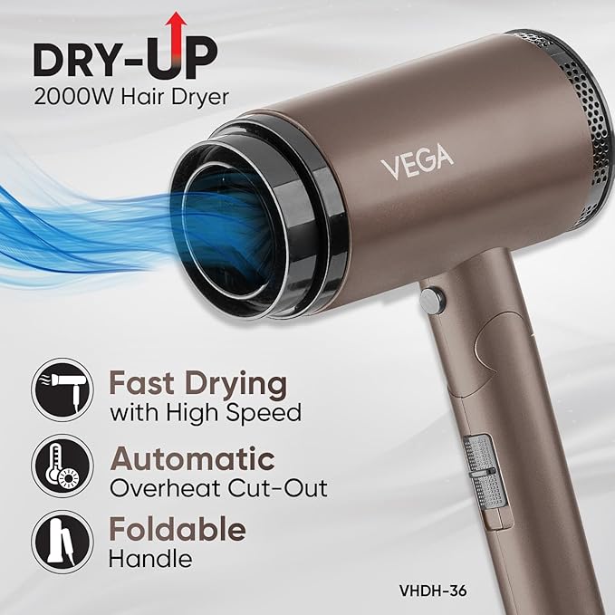 Dry-Up 2000W Hair Dryer for Men & Women with 3 Heat & 1 Speed Setting & Cool Shot Button, Blow Dryer for Women, Foldable Hair Dryer with Over Heat Cut-out, Effortless Hair Style, Brown
