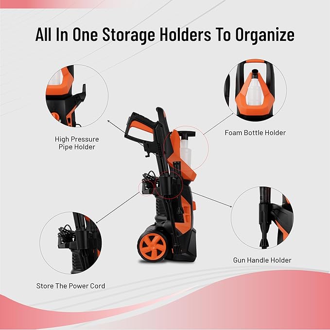 High Pressure Washer, 1800W Motor, 140 Bar Car Washer High Pressure Gun, 7.8 L/Min Flow, 5M Hose, Turbo Nozzle, Portable Pressure Washer for Car, Bike, Home & Outdoor Cleaning