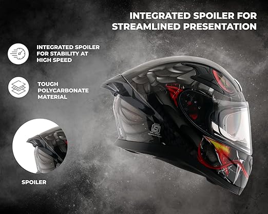 Helmet Venomous ISI ECE DOT Certified Full Face Dual Visor Helmet for Men and Women with Pinlock Fitted Outer Clear Visor and Inner Smoke Sun Visor Black Grey