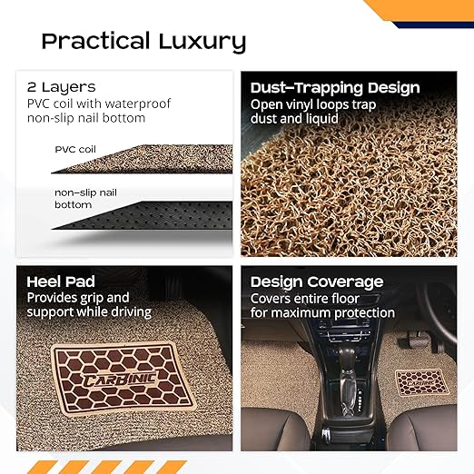 CARBINIC Anti-Skid Mats - Universal Fit for All Cars - Curly/Noodle Floor Mat, All Weather PVC, Premium Vinyl Rubber - Set of 5 - Beige Brown