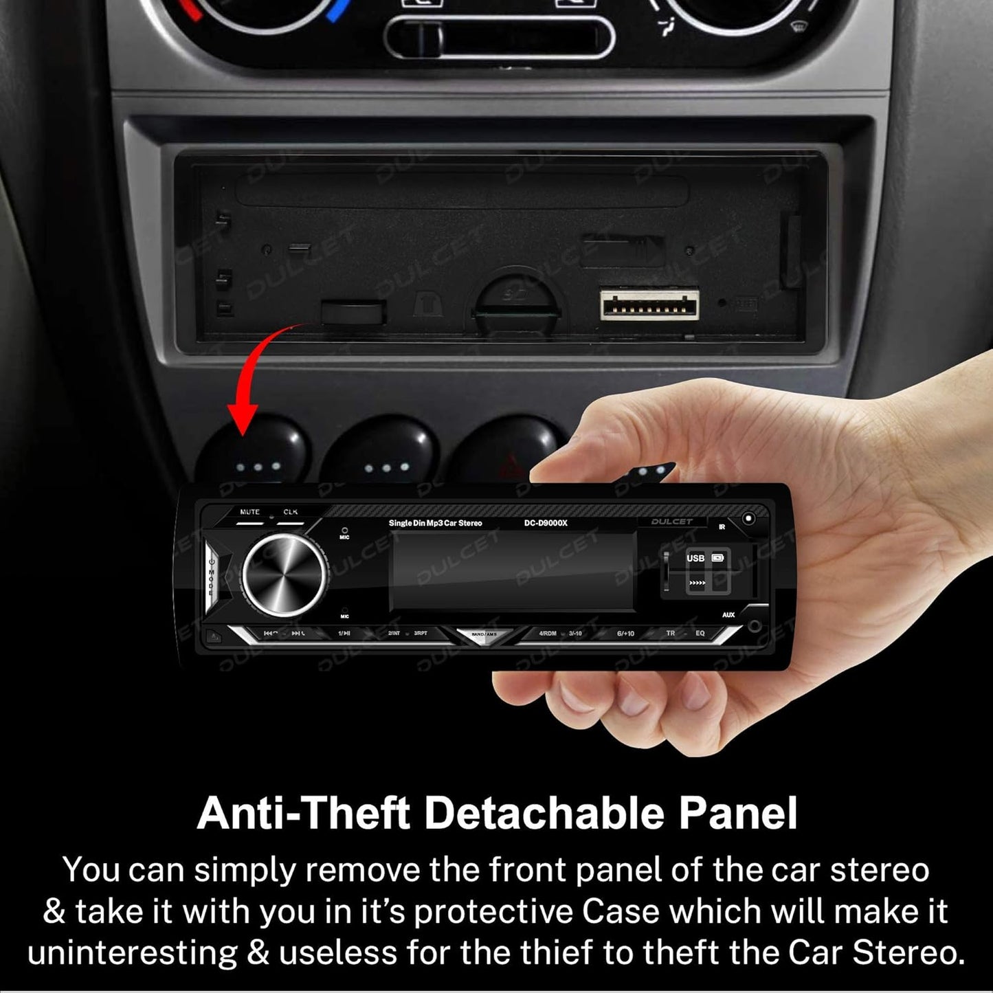 Dulcet DC-D9000X 220W Detachable Front Panel Universal Fit Single Din Mp3 Car Stereo with Dual USB Ports/Bluetooth/Hands Free Calling/FM/AUX Input/SD Card Slot & Remote Control