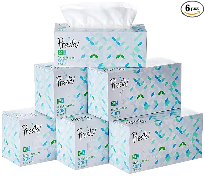 Presto! 2 Ply Facial Tissue Carton Box - 200 Pulls (Pack of 6)