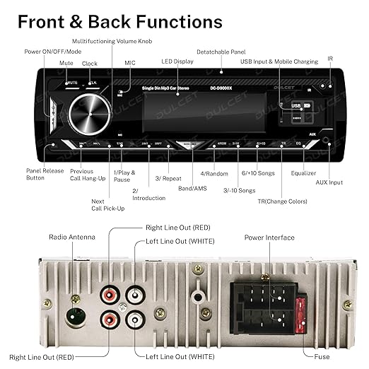 Dulcet DC-D9000X 220W Detachable Front Panel Universal Fit Single Din Mp3 Car Stereo with Dual USB Ports/Bluetooth/Hands Free Calling/FM/AUX Input/SD Card Slot & Remote Control