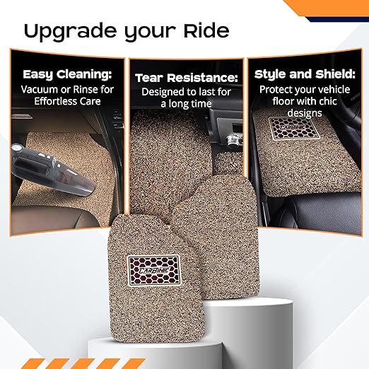 CARBINIC Anti-Skid Mats - Universal Fit for All Cars - Curly/Noodle Floor Mat, All Weather PVC, Premium Vinyl Rubber - Set of 5 - Beige Brown