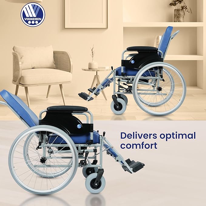 VERMEIREN 9300 Reclining Premium Wheelchair | Commode Chair with Sturdy Frame, Foldable & Extra Padded Seats, Upto120Kg Weight Capacity - Belgium Technology