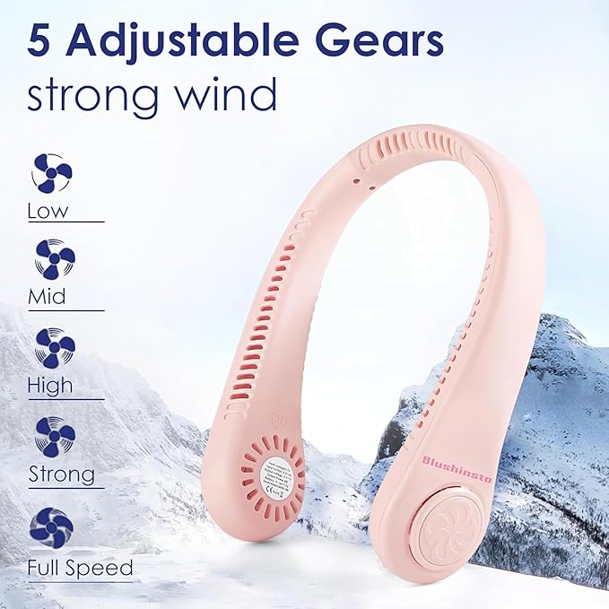 Blushinsta Portable Neck Fan – Hands-free, 5-speed personal fan with 360° airflow, 1500mAh battery, LED display, USB rechargeable. Ideal for travel, gym, home, and outdoor use