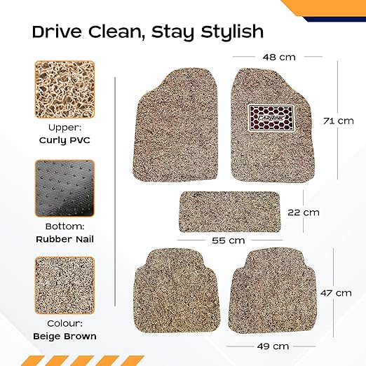 CARBINIC Anti-Skid Mats - Universal Fit for All Cars - Curly/Noodle Floor Mat, All Weather PVC, Premium Vinyl Rubber - Set of 5 - Beige Brown
