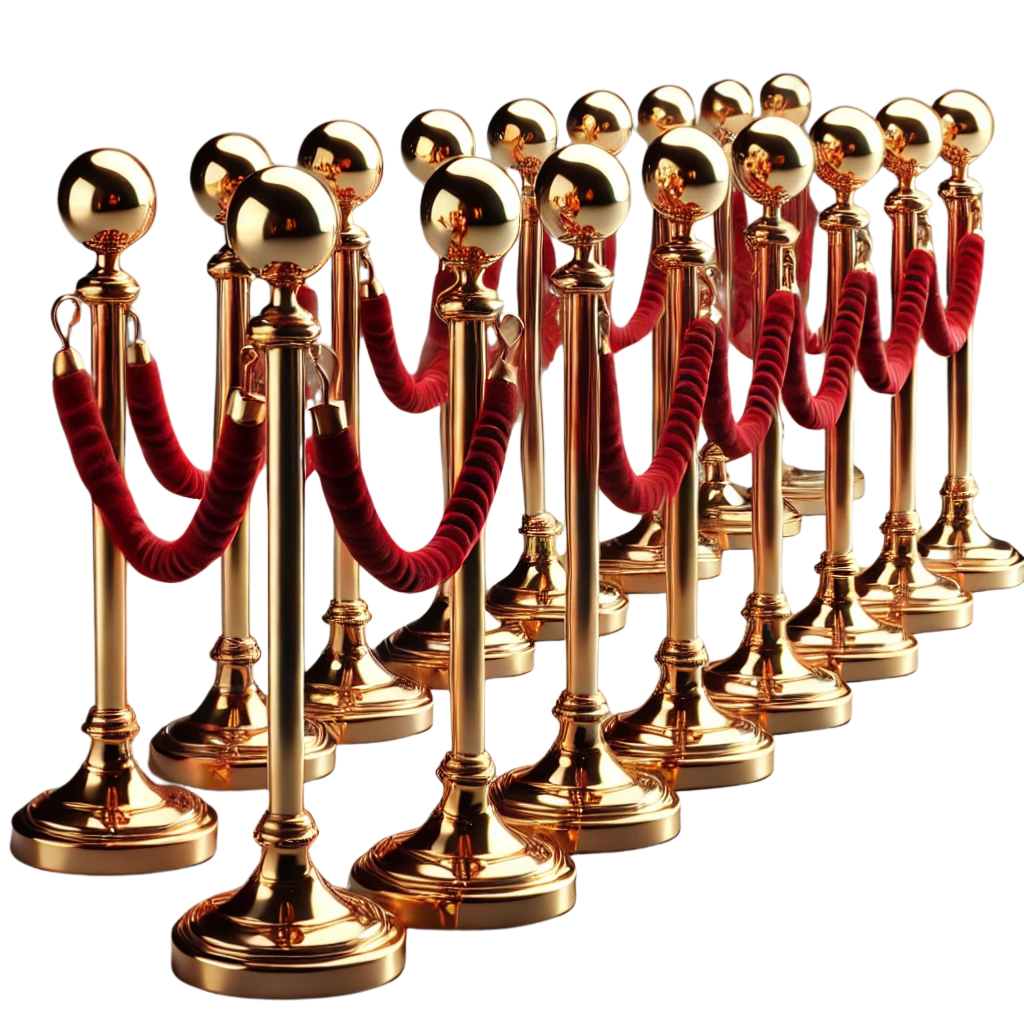 Ladwa 9 Pcs Golden Finish Queue Manager with Red Velvet 1.5m Rope, Barricade & Stanchions Set – Elegant gold-finished stainless steel stanchions with premium red velvet ropes for crowd control at events, hotels, banks, malls, and VIP areas.