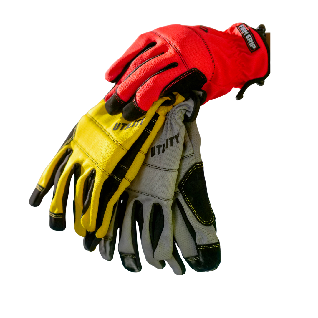 A set of three Tough Utility Work Gloves in red, gray, and yellow, designed for durability, grip, and protection during construction, gardening, and mechanical work.