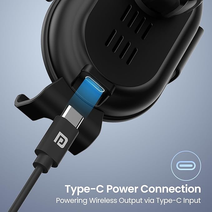 Portronics Charge Clamp 4 Wireless Car Charger with 15 Watts Fast Charging, AC Vent Mount, 360° Rotation, Strong Grip, Free Type-C Cable, Qi Charger for iPhone & Android Smartphones(Black)