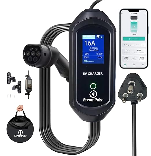 Strompuls 3.6kW Portable EV Charger, Smart APP, Adjustable Amps, 5m TPU Cable, 16A 1 Phase, 3" Large Screen, Bag, Wallholder, Surge & Pen Protection, Earthing Off Option. 5 Years Warranty*