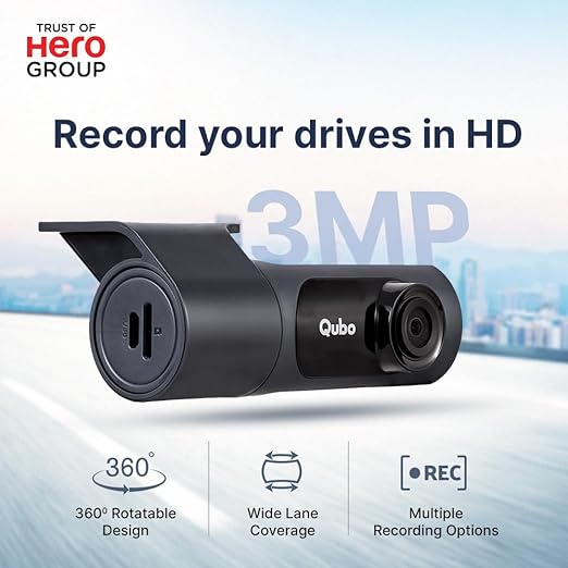 Qubo Car Dash Camera Pro X 3MP 1296p from Hero Group | Made in India | Super Capacitor| Wide Angle View | Emergency Recording | SD Card Upto 1TB Supported | Easy DIY Set Up