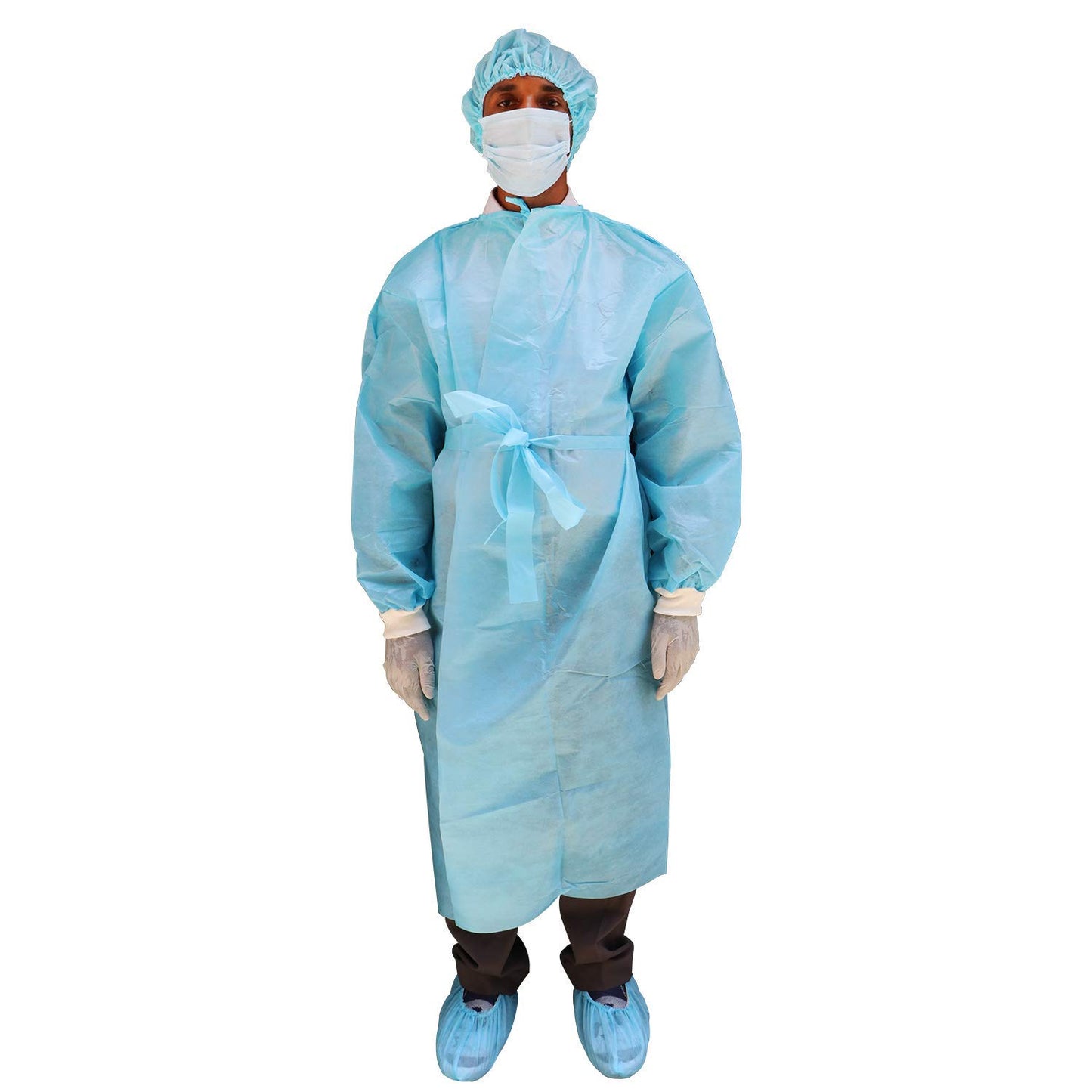 CUFF- SHIELD Non Woven Polypropylene Disposable Surgical Isolation Gown (Pack of 5 pcs, Color-Blue, Length-48inch, Knitted Cuff, Size-Regular fits all) - 40 GSM Spun-Bond Breathable Fabric